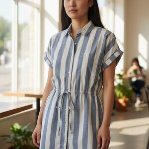 (E-136)Japna Women’s Striped Shirt Dress Size M Beige Gray‎ Button Front